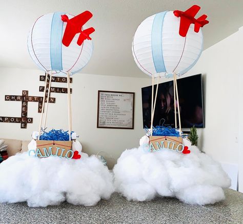 Time Flies Birthday Party Centerpieces, Airplane Theme Centerpieces, Airplane Centerpieces, Airplane Centerpiece Ideas, First Birthday Centerpieces, Time Flies Birthday, Around The World Theme, Travel Party Theme, Airplane Theme