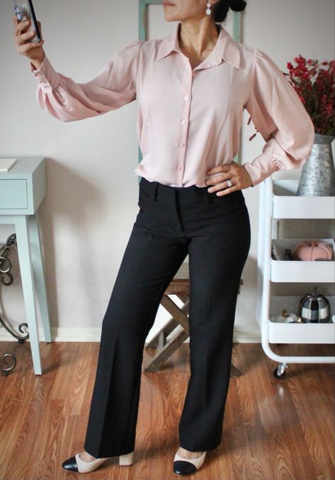 Pink Ann Taylor blouse black pants JCrew shoes Pink Blouse Black Pants Outfit, Pink Top Outfit, Lavender Pants, Black Pant Suit, Black Pants Outfit, Light Pink Shirt, Cap Toe Shoes, Light Pink Tops, Black Cap