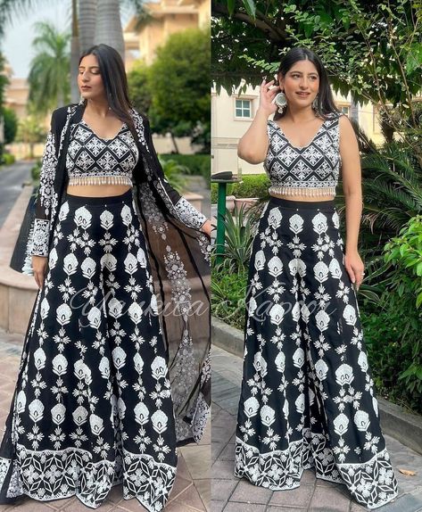 Bollywood Inspired Women Crop Top Set With Palazzo Pakistani Embroidered Shrug Palazzo Set, Indian Salwar Kameez Readymade Black Partywear by MumtazBoutique1994 on Etsy Party Wear Western Outfits, Black Sharara, Moti Lace, Long Shrug, Fancy Lehenga, Partywear Dresses, Embroidered Crop Tops, Indian Party Wear, Crop Top Set