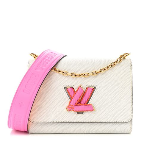 This is an authentic LOUIS VUITTON Epi Twist Shoulder Bag MM. This stylish crossbody bag is crafted of textured Epileather in white, with black resin glazing along the edges. This chic bag features a wide moonogram embossed leather shoulder strap in pink and orange and a pink and orange woven leather LV twist lock on the facing flap. This opens to an off-white microfiber interior with a patch pocket and leather pocket. Louis Vuitton Bag Pink, Cross Over Bags, Pink Louis Vuitton Bag, Pink Louis Vuitton, Gameday Fits, Lv Twist, Preppy Bags, Girls Gift Guide, Louis Vuitton Crossbody