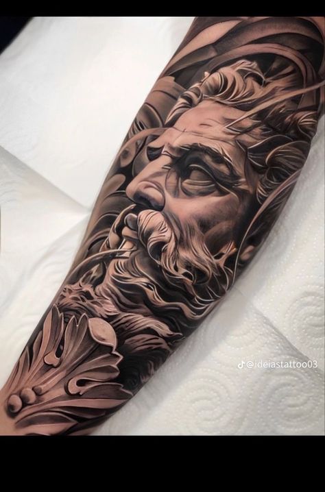 Poseidon Tattoos, God Whispers, Tato Maori, Greek God Tattoo, Poseidon Tattoo, Chicano Tattoos Sleeve, Zeus Tattoo, Black And Grey Tattoo, Ancient Tattoo