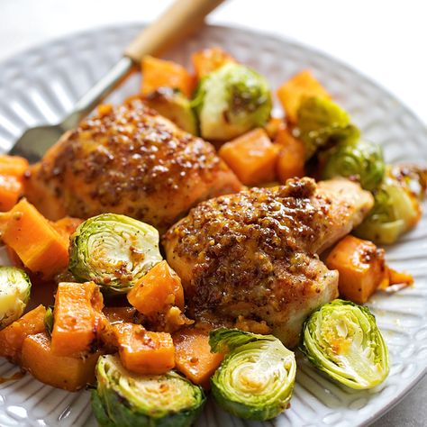 Maple Dijon Chicken Recipe Roasted Chicken And Veggies, Dijon Chicken Thighs, Roasted Chicken And Vegetables, Maple Dijon Chicken, Veggie Skillet, Life Made Simple, Dijon Chicken, Chicken Skillet Recipes, Chicken And Veggies