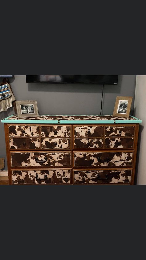 Cow Print Dresser Drawers, Sunflower And Cow Bedroom Ideas, Cow Print Home Decor, Western Dressers, Western Dresser Furniture, Cow Print Furniture, Cow Print Room Ideas, Cow Themed Bedroom, Cow Print Room