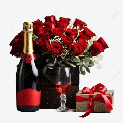 valentines day gift hamper bouquet of red roses bottle of sparkling wine on black sparkling wine v Hamper Bouquet, Wine Valentine, Bouquet Of Red Roses, Valentines Design, Sparkling Wine, Gift Hampers, Wine Gifts, Valentine Gift, Icon Design