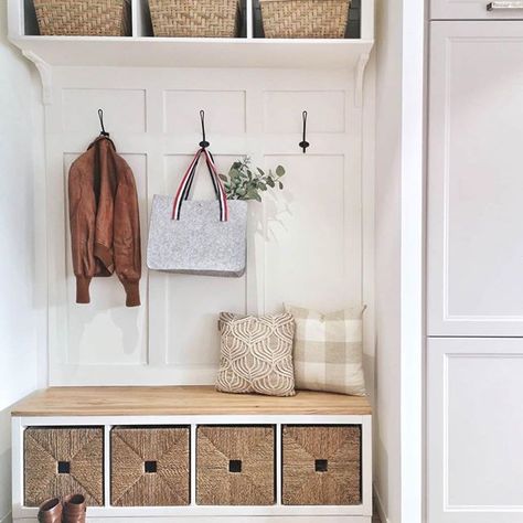 Have you seen this lovely mudroom hack over at @chateau.leg0? The bench is a Kallax overlaid with wood. The top is a Hemnes bridging unit. And in between lots of DIY goodness. Héloïse has it documented in her Story Highlights. Hop over to see how it’s done. . #Mudroom #Hallway #Wainscoting #DIYDecor #Entry #IkeaHack #EntryWay  #InstaDecor #InspirationDeco #Farmhouse #FixerUpperStyle #FarmhouseStyling Hemnes Entryway Hack, Kallax Hack Bench Entryway, Kallax Hack Entryway, Entry Bench Closet, Kallax Mudroom Bench, Kallax Hack Hallway, Kallax Wood Top, Kallax Entryway Bench, Kallax Hallway Storage