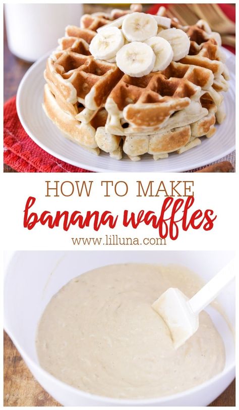 Banana Waffles are filled with fresh banana puree for a naturally sweet flavor. This kid-friendly breakfast whips up in only 15 minutes!! #bananawaffles #waffles #banana #breakfast Banana Waffles 3 Ingredient, Waffles Banana, Banana Waffle Recipe, Peanut Butter Waffles, Banana Puree, Kid Friendly Breakfasts, Banana Waffles, Peanut Butter Nutella, Frozen Waffles