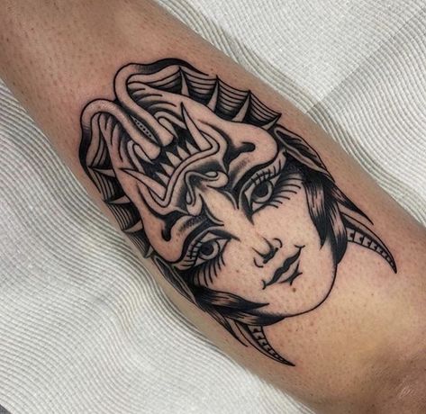 Traditional Recovery Tattoo, Flipface Tattoo Traditional, American Trad Sleeve, Scary Traditional Tattoo, American Traditional Medusa Tattoo, Traditional Throat Tattoo, Traditional Tattoo Art Old School, Double Face Tattoo, Traditional Neck Tattoo