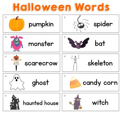 Halloween Words Printables, Halloween Words List, Halloween Sight Words, Preschool Word Walls, Christian Halloween Crafts, Infant Curriculum, Halloween Vocabulary, First Grade Words, Expand Your Vocabulary