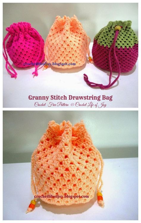 Granny Stitch Drawstring Bag Crochet Free Patterns- Drawstring Bag Free #Crochet; Patterns Small Bag Pattern, Crochet Small Bag, Crochet Drawstring Bag, Drawstring Bag Pattern, Crochet Drawstring, Beanie Hat Pattern, Small Drawstring Bag, Crochet Baby Beanie, Crochet Bag Pattern Free