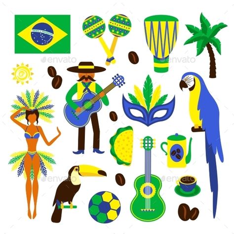 Brazil Decorative Set by macrovector Brazil decorative icons set with football carnival coffee parrot isolated vector illustration. Editable EPS and Render in JPG form Brazil Art, Brazil Carnival, Watercolour Texture Background, Rio Carnival, Spring Activities, Seamless Pattern Vector, Watercolor Texture, Vector Pattern, Preschool Crafts