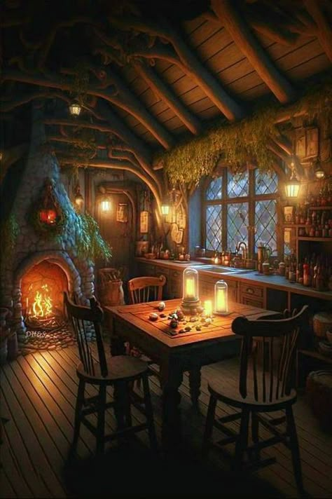 Fantasy Cottage Kitchen, Cozy Fantasy House, Apocathary Aesthetic, Fantasy Cottage Aesthetic, Cozy Fantasy Aesthetic, Fantasy Cottage Art, Fantasy Cottage Interior, Fantasy House Interior, Fantasy Cabin