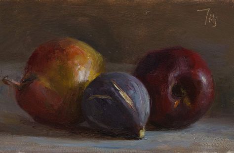 daily painting titled Pear, fig and nectarine - click for enlargement Peach Paint, Food Art Painting, Daily Painters, Pastel Sec, Still Life Fruit, Still Life Oil Painting, Fruit Painting, Daily Painting, Paintings I Love