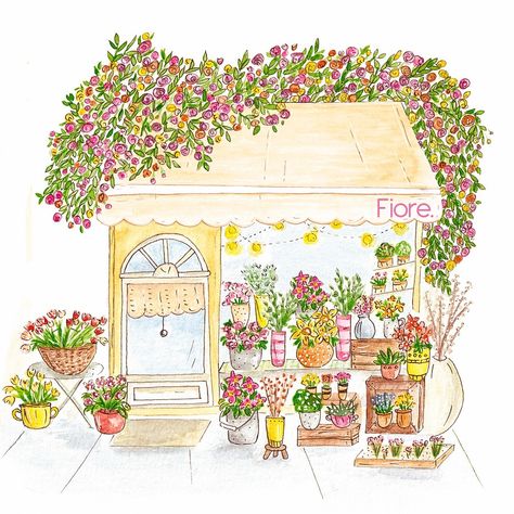 Flower shop, devanture vintage et cosy, fleuriste, illustration à l'aquarelle Cute Flower Shop Drawing, Florist Shop Drawing, Flower Shop Watercolor, Flower Shop Drawing, Flower Shop Illustration, Florist Illustration, Journaling 2024, Flower Shop Aesthetic, Collage Stickers