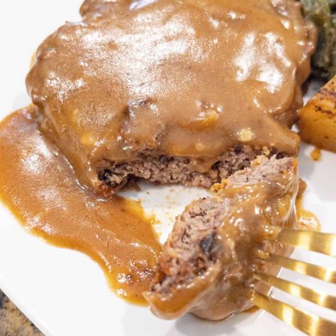 Hamburger Steak With Brown Gravy Oven, Hamburg Patties With Gravy, Hamburger With Brown Gravy, Hamburger Patty With Gravy, Recipes Using Brown Gravy Packet, Brown Gravy Smothered Hamburger Steaks, Hamburger Gravy On Toast, Hamburger Patty And Gravy Recipe, Hamburger In Gravy