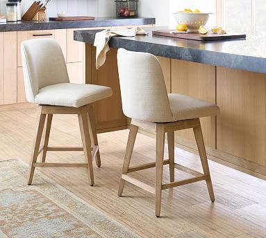 Layton Upholstered Swivel Bar & Counter Stools | Pottery Barn Kursi Bar, Bar Counter Stools, Kitchen Counter Stools, Stools With Backs, Swivel Stool, Bar Seating, Room Planner, Bar Counter, Room Interior Design