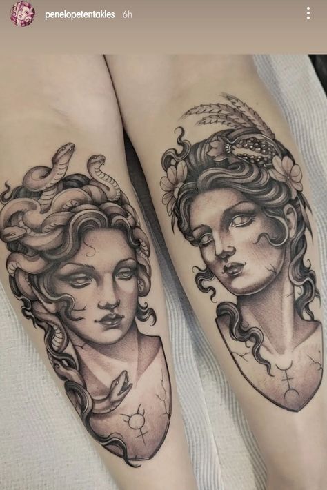 Gorgon Sisters Tattoo, Stone Statue Tattoo, Marble Statue Tattoo, Greek Bust Tattoo, Greek Statue Tattoo, Buzzed Hair Women, Tattoo Perna, Greek Tattoo, Greek Bust