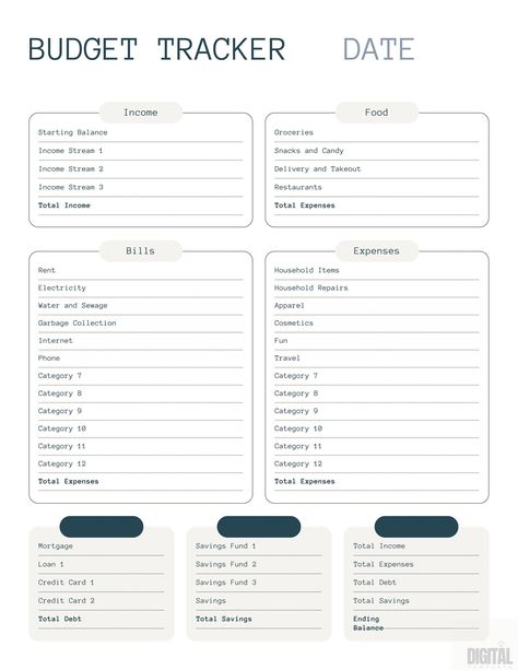 Monthly Budget Tracker - Printable PDF #travelplannertemplate schoolplanner #freeprintablemenuplanner #aestheticplanners Monthly Budget Tracker, Travel Planner Template, Wedding Budget Planner, Sources Of Income, Planner Writing, Cash Budget, Budget Planner Printable, Free Budget, Monthly Budget Planner