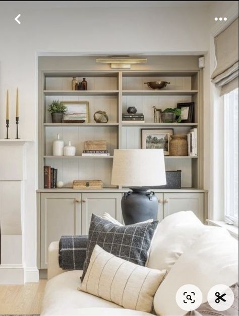 Living Room With White Built Ins, Styling Fireplace Bookshelves, Living Room Bookcase With Tv, Living Room Built Ins Paint Color, Built In Shelves Living Room Paint Ideas, Cream Built In Bookshelves, Living Room With Built In Shelves, How To Update Built In Bookshelves, Grey Built Ins Living Room