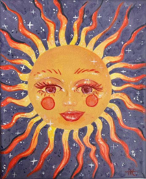 helen casey @honey.well_ Moon Painting With Face, Sun With Face Painting, Sun With Face Drawing, Sun Face Painting, Sun Collage, Golf Clip Art, Sun With Face, Voodoo Art, Ib Art