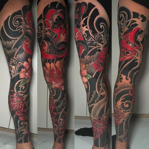 Oni mask red leg sleeve Japan Tattoo Leg, Japan Leg Tattoo, Japanese Leg Sleeve, Japanese Leg Tattoo, Oni Mask Tattoo, Oni Tattoo, Tattoo Japanese Style, Japanese Legs, Japanese Flower Tattoo