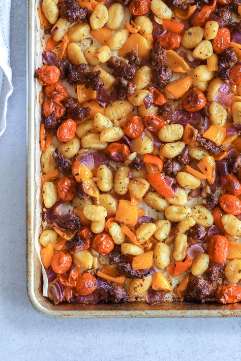 Gnocchi Tray Bake, Sheet Pan Gnocchi With Sausage, Gnocchi And Sausage, Curry Pork Chops, Sheet Pan Gnocchi, Apartment Meals, Blogger Ideas, Chicken Tray Bake, Pork Chops And Potatoes