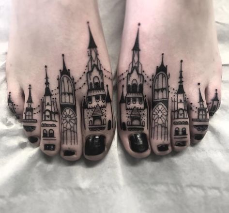 Toe Buildings Black And White Tattoos, Toe Tattoos, Private Tattoos, White Tattoos, Foot Tattoos For Women, Парные Тату, Tattoo Artwork, B Tattoo, Foot Tattoo