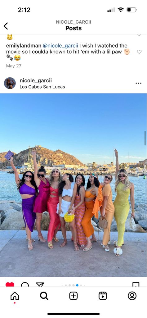 Pool Bachelorette Party Outfit, Neon Theme Bachelorette Party Outfits, Cancun Party Theme, Colorful Group Outfits, Bachelorette Colorful Outfits, Sunset Night Bachelorette, Dresses For Cabo San Lucas, Color Night Bachelorette Party, Cabo Bachelorette Outfits