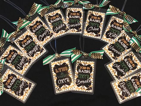 Personalized cheer bag tags. Cheer gift 🐴🔥💚 | Miranda | Flickr Cheer Bag Tags, Cheer Competition Gifts, Cheer Nationals, Cheerleading Ideas, Cheerleader Gifts, Cheer Team Gifts, Dance Team Gifts, Cheer Bag, Cheer Camp