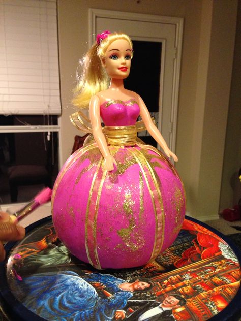 Barbie Pumpkin # story book character Barbie Pumpkin, Pumpkin Story, Book Character Pumpkins, Story Book Pumpkin, Painted Ideas, Creative Pumpkin Decorating, Character Pumpkins, Scary Halloween Decorations Diy, Pumpkin Decorating Contest