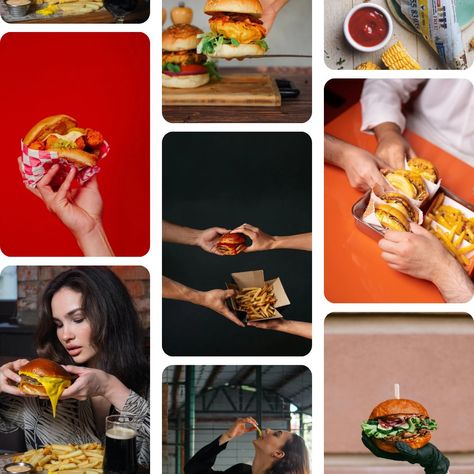 Fast food restaurant burger inspiration for instagram feed, moodboard and collage Burger Restaurant Instagram Feed, Burger Instagram Feed, Restaurant Instagram Feed, Fast Food Restaurant Design, Restaurant Burger, Recipes Authentic, King Photography, Burger Restaurant, Dog Nutrition