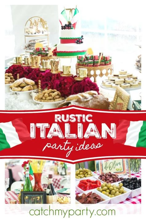 Take a trip to Italy with this fabulous Italian 70th birthday party! The party decorations are fantastic!! See more party ideas and share yours at CatchMyParty.com #catchmyparty #partyideas #littleitaly #italian #70thbirthdayparty #rusticparty Italy Party Decorations, Italian Decorations, Italian Table Decorations, Italy Party Theme, Little Italy Party, Italian Themed Party, Italy Birthday, Italian Party Decorations, Italian Dinner Party Decorations