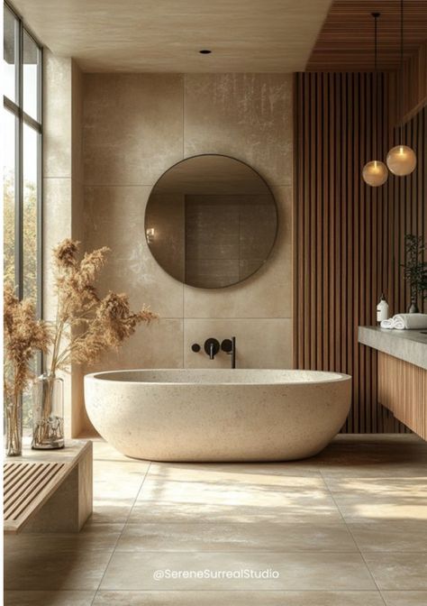 Boho Luxe Bathroom, Bathroom Decor Freestanding Tub, Natural Primary Bathroom, Neutral Zen Bathroom, Soft Lighting Bathroom, Natural Aesthetic Bathroom, Modern Cosy Bathroom, Bathroom 8 M2, Organic Minimalist Bathroom