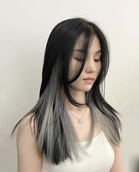 Korean Underdye Hair, Grey Hair Underneath, Peekaboo Hair With Layers, Gray Hair Asian, Black Hair White Peekaboo, Ash Peekaboo Hair, Peekaboo Gray Hair, Inner Highlights Hair, Inner Color Hair Long