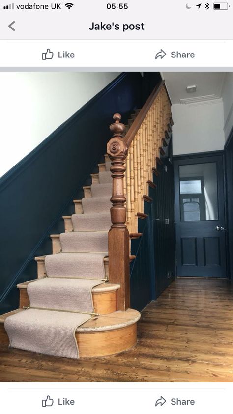 Teal Staircase, Hague Blue Staircase, Navy Bannister Rail, Victorian Stairway, Hallway Dark Bannister, Victorian Banister, Blue Stair Panelling, Navy Blue Hallway, Orange Staircase