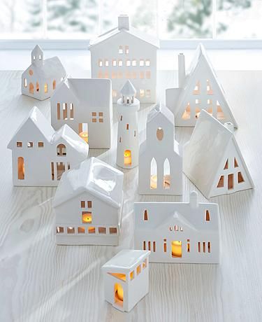 Christmas Village Ceramic, White Ceramic Houses Christmas, White Christmas Village, Cozy Village, Pottery Village, Cozy Scandinavian, Neutral Holiday Decor, White Christmas Tree Decorations, Pottery Christmas