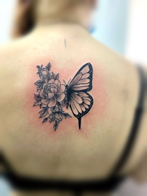 Butterfly With Peony Tattoo, Peony Flower With Butterfly Tattoo, Butterfly With Carnation Tattoo, Butterfly Carnation Tattoo, Peonies And Butterflies Tattoo, Dahlia Butterfly Tattoo, Carnation With Butterfly Tattoo, Butterfly And Carnation Tattoo, Marigold And Butterfly Tattoo