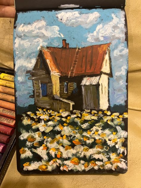 Oil pastel painting by yana chuchakina Oil Pastel House Drawing, Oil Pastel Paintings, Pastel House, House Drawing, Sketchbook Inspiration, Pastel Painting, Oil Pastel, Soft Pastel, Pastel