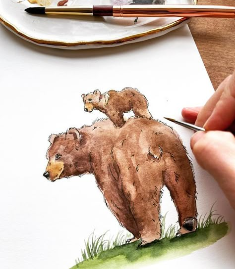 Brown Bear Watercolor, Bear Watercolor Painting, Picture Crafts, Card Homemade, Bear Sketch, Bear Painting, Woodland Animal Art, Mountain Nursery, Bear Watercolor