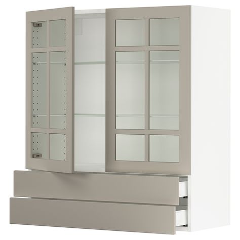 SEKTION / MAXIMERA Wall cab w 2 glass doors/2 drawers, white/Stensund beige, 36x15x40 ". MAXIMERA drawer is a smooth-running, full-extension drawer with built-in dampers so that it closes slowly, softly, and quietly. The door damper prevents your cabinet door from slamming by catching the moving door so that it closes slowly, gently and silently. You can customize spacing as needed, because the shelves are adjustable. Snap-on hinges can be mounted onto the door without screws, and you can easily Armoire Pantry, Ikea Dining Room, Sektion Kitchen, Ikea Dining, Countertop Cabinet, Ikea Wall, Kitchen Cupboard Doors, Pantry Wall, Built In Cabinet