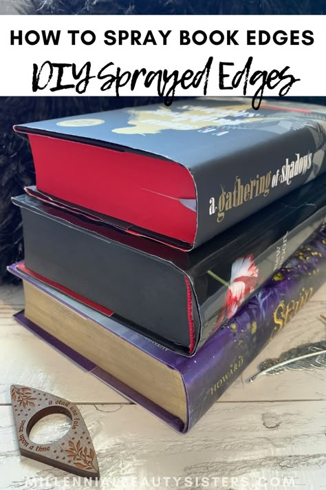 Creative Book Binding Ideas, Diy Book Painting, Spraying Book Edges, How To Turn A Paperback Book Into A Hardcover, Spray Paint Books, How To Bind Books, How To Paint Book Page Edges, Stenciled Edges Books, Spray Book Edges