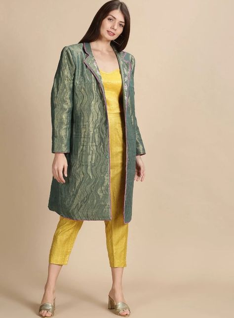 winter long jacket for women Banarsi Jacket, Blue Jacket Style, Long Jacket For Women, Winter Long Jacket, Green Quilted Jacket, Peach Jacket, Long Jackets For Women, Red Shawl, Jacket Collection