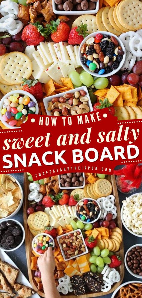 How to Make a Sweet and Salty Snack Board, Gameday appetizer recipes, holiday party ideas Cookout Dishes, Game Night Food, Salty Sweet Snacks, Holiday Party Ideas, Snack Platter, Charcuterie Inspiration, Charcuterie Platter, Snack Board, Party Food Platters