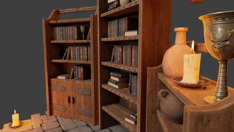 A set of medieval low poly objects ideal for RPG fantasy games, including four bookshelves, five individual books along with a grouped set, four terracotta vases, two metal goblets (one iron and one golden), a wooden crate, and one candles. Each model is adorned with hand-painted textures that offer a stylized and artistic appearance. #3d, #candle, #woodencrate, #bookcase, #stilyzed, #vases, #3dgameprops #bookshelf, #books, #medieval, #Fantasy #3dmodels #shelf3d Terracotta Vases, 3d Candle, Hand Painted Textures, One Candle, Fantasy Games, Wooden Crate, Medieval Fantasy, Low Poly, Bookshelves