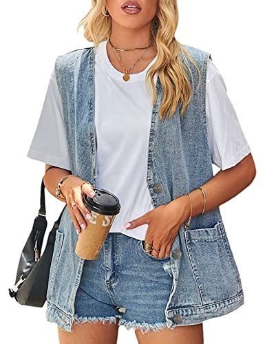 Huaqiao Womens Denim Vest Mid Long Jacket Jean Sleeveless Vest with Pockets Sleeveless Denim Vest, Womens Denim Vest, Denim Waistcoat, Look Plus Size, Trendy Denim, Look Short, All Jeans, Hipster Outfits, Denim Patterns