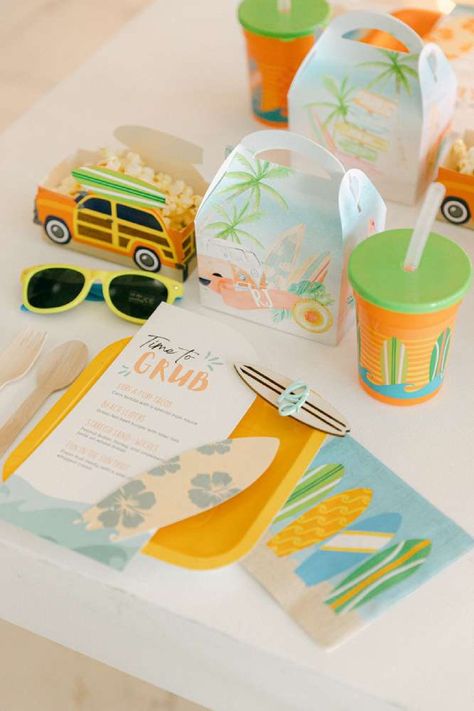 Check out this cool Summer surf-themed birthday party! What fantastic table settings! See more party ideas and share yours at CatchMyParty.com Surfer Birthday Party, Surf Theme Party, Surfer Birthday, Surf Birthday Party, Surf Birthday, Surf Party, Beach Birthday Party, Girl Birthday Decorations, Summer Birthday Party