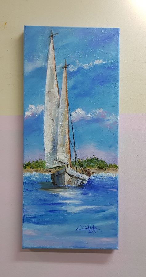 Boat Painting Acrylic, Beach Art Painting, Sailing Art, Sailboat Art, Canvas Painting Ideas, Sailboat Painting, Canvas Drawings, Boat Art, Easy Canvas Painting