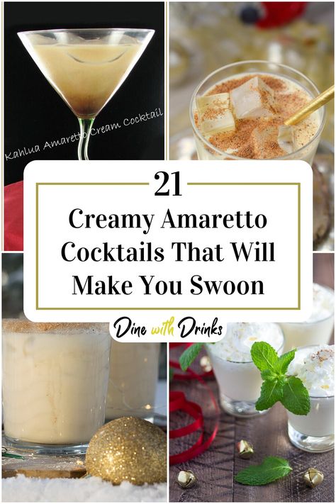 Collage of 4 creamy amaretto cocktails. Creamy Amaretto Drinks, Amoretto Drinks Cocktails, Amaretto Cocktails Recipes, Disarrono Drinks, Disaronno Velvet Drinks, Creamy Cocktail Recipes, Cocktails With Amaretto, Amaretto Drinks Cocktails, Disaronno Cocktails