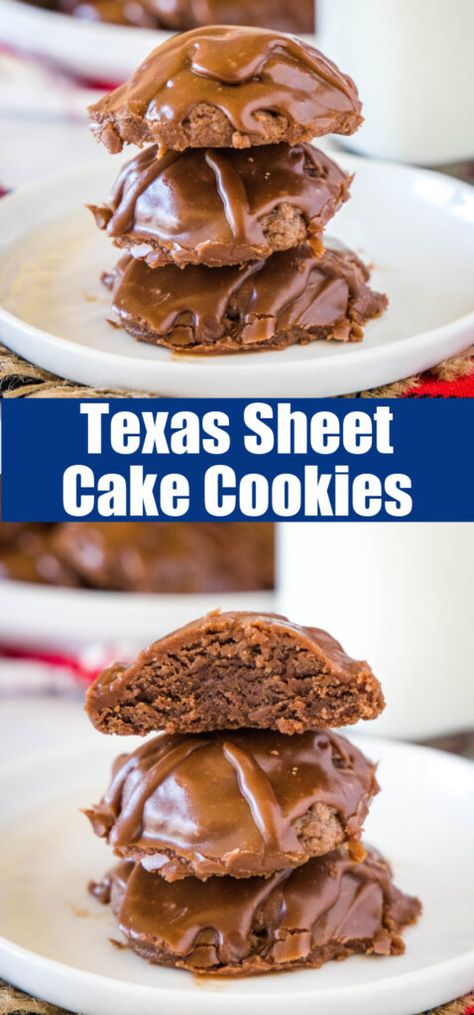 Texas Sheet Cake Cookies - turn classic Texas sheet cake into thick and fudgy cookies completely with a smooth and tangy chocolate icing. Super easy to make and the perfect chocolate, decadent treat! Sheet Cake Cookies, Cake Cookies Recipe, Fudgy Cookies, Texas Sheet Cake Cookies, Pear And Almond Cake, Texas Sheet, Texas Sheet Cake, Cookie Cake Recipe, Sheet Cake Recipes