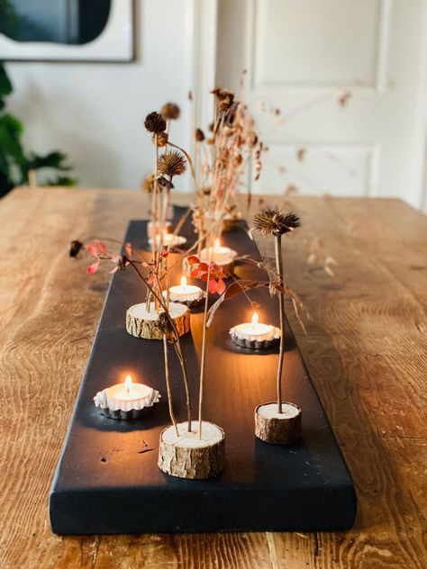 Farmhouse Plank with Wood Stem Stands & Foraged Flowers for an earthy centerpiece. Take the kids for a walk, gather some foraged finds and put them in the little wood stem stands! Add tea lights in mini tart tins for a warm cozy glow! Diy Branch Candle Holder, Wood Candle Vase, Wood Log Plant Stand, Tree Branch Votive Holder, Wooden Candle Holders With Floral, Bird Deterrents, Black Pepper Essential Oil, Cottagecore Wedding, Tart Tins