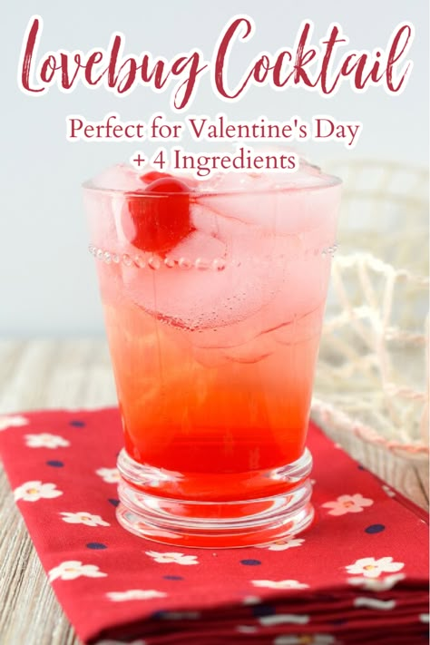 Lovebug Cocktail - A gorgeous and bright Valentine's Day cocktail! Made with just 3 simple ingredients, it's great to make for your lovebug! Valentines Cocktails Drink Recipes, Valentines Drinks Alcoholic, Galentines Cocktails, Valentines Cocktail, Valentine Drinks, Valentine Cocktails, Yummy Alcoholic Drinks, Themed Drinks, Boozy Drinks